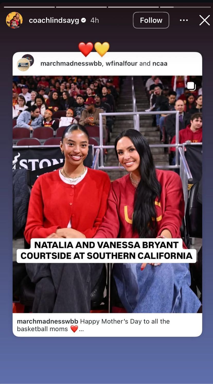 HC Lindsay Gottlieb reacts to Vanessa Bryant and daughter Natalie’s moment at USC game - Image source: Instagram/coachlindsayg